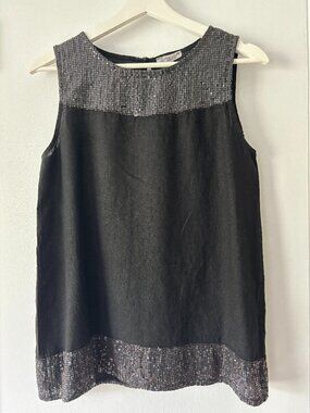 Vanessa Zani Black 100% Linen Medium Top With Silver Sequin Details